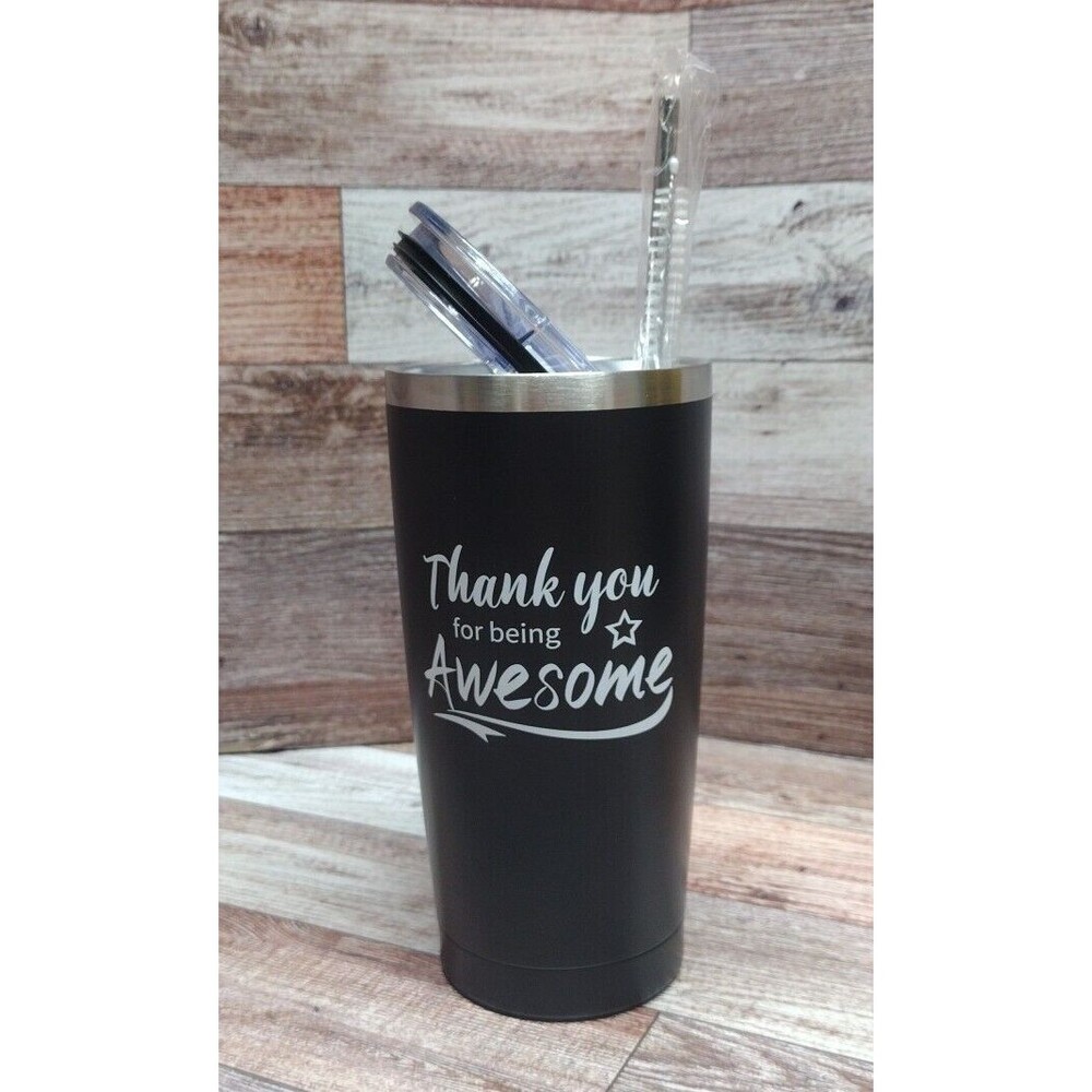 20oz Black Tumbler Insulated Travel Cup Coffee Mug Thank You Gift With Straw
